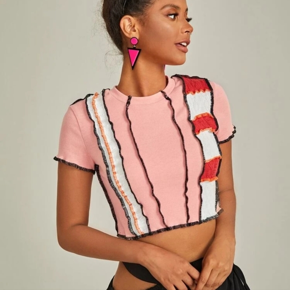 SHEIN Tops - Ribbed Knit Color Block Top-Stitching Crop Tee NWT L